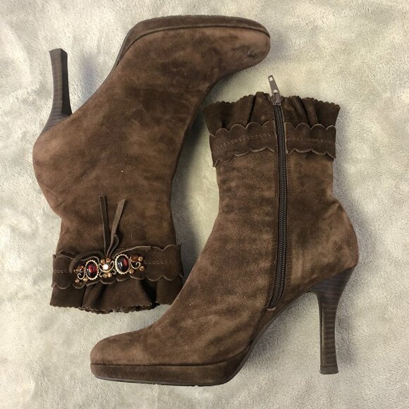 Belle Brown Suede Heeled Mid Calf Side Zip Boot Size 7 - Picture 10 of 16